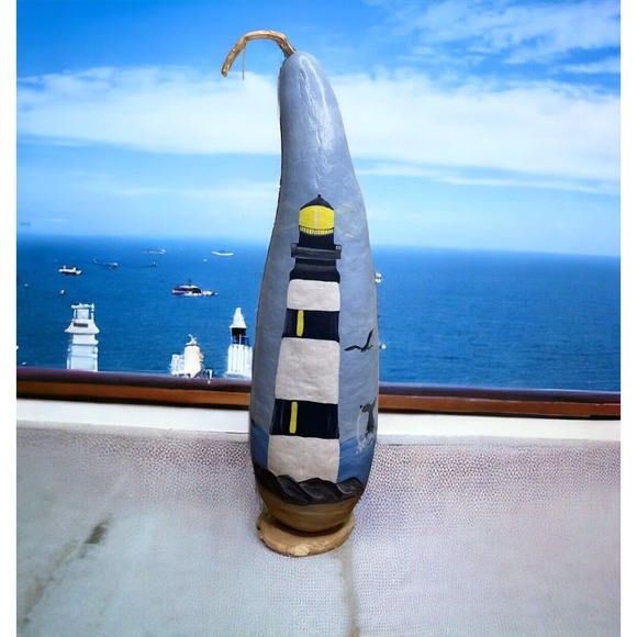 Hand Painted Beach Lighthouse Nautical Ocean Large 20" Numbered Gourd - Picture 1 of 9
